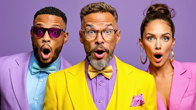 A group of three people in colorful suits and bow ties - Powered by Adobe