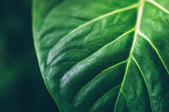 Close up of a lush green leaf, highlighting intricate veins and organic texture.
