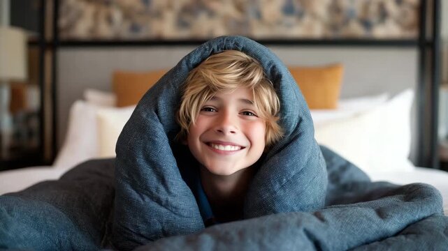 A happy little child, curled up on a blanket on a freshly made bed, smiling happily. warmth, comfort, and the joy of a relaxing morning at home.