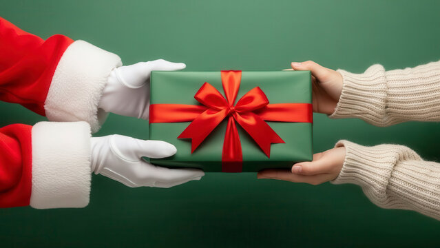 Santa Claus hands in white gloves giving a Christmas gift box wrapped in green paper and a red ribbon to a person - Powered by Adobe