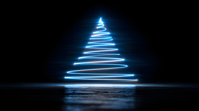 Blue glowing neon Christmas tree in minimalist abstract design, elegant fir illustration with copy space for your advertising, holiday banner concept. Merry Christmas,Happy New Year 2026 - Powered by Adobe
