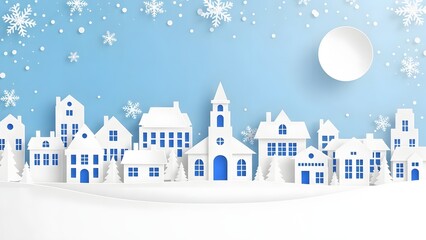Fototapeta premium Paper cut winter village scene with white houses, church, and falling snow under a pale blue sky with a full moon, creating a charming holiday atmosphere
