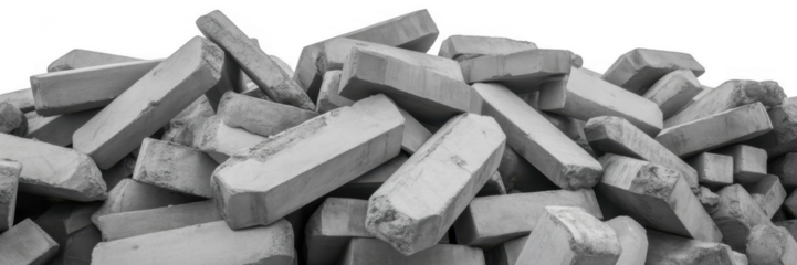 Pile of rough concrete blocks with chipped edges and textured surfaces isolated on a transparent background