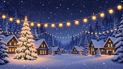 Cozy winter village scene at night with snowcovered pine trees, illuminated christmas tree, and warm string lights hanging above wooden cabins