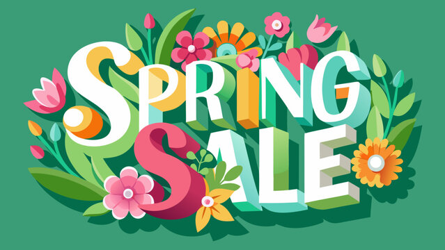 Vector illustration of words 'Spring Sale' decorated with vibrant spring flowers and leaves, set on a fresh green background for seasonal promotion