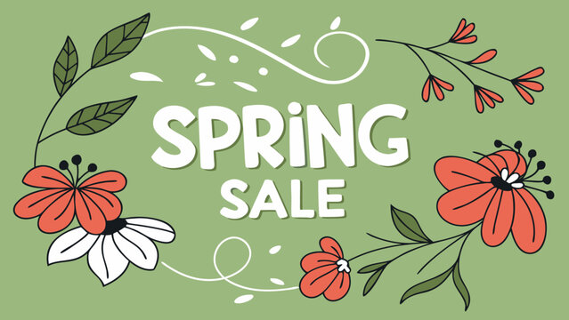 Vector illustration of words 'Spring Sale' decorated with vibrant spring flowers and leaves, set on a fresh green background for seasonal promotion