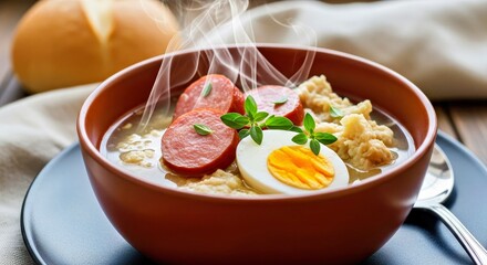 Appetizing Soup Bowl: A visually appealing composition features a warm, steaming bowl of savory soup, garnished with vibrant sausage slices, and a perfectly boiled egg, with a side of fresh bread.