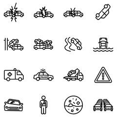 A black and white line-art collection of sixteen icons depicting various types of vehicle accidents, emergency services, vehicle damage, and related insurance concepts.