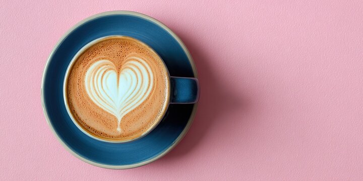 Overhead shot of a latte with heart art in a blue cup on a pink background.