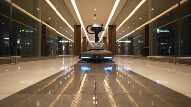 A futuristic autonomous robot navigates a brightly lit, modern hallway with reflective floors and sleek architecture.