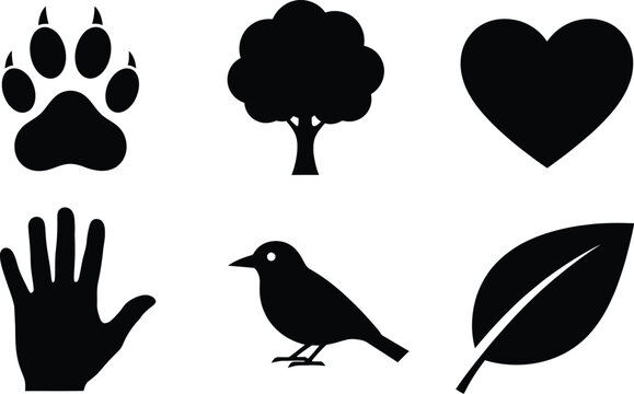 Various outline animal paw print heart hand bird and leaf vector icons set for nature and pet related concepts