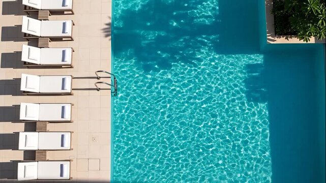 Aerial view of a luxury swimming pool with clear blue water and several white sun loungers lined up on the beige tile deck