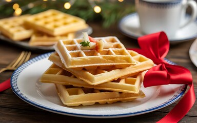 Warm Waffles with Powdered Sugar and Red Ribbon Festive Breakfast Still Life Scene Delicious Morning Treat