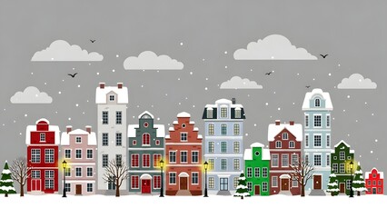 Charming illustration of a european city street scene during winter with snow falling on colorful traditional gabled houses and evergreen trees