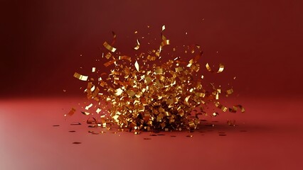 Explosion of golden shards and glitter against a deep red background with subtle lighting
