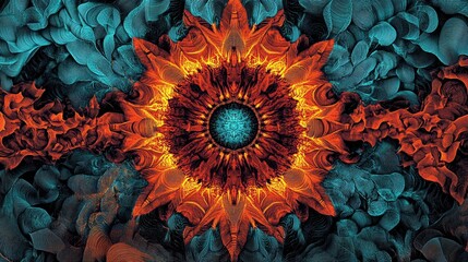 An abstract design featuring a floral mandala with intricate details, rendered in shades of teal, orange, and brown. The image has a symmetrical composition and