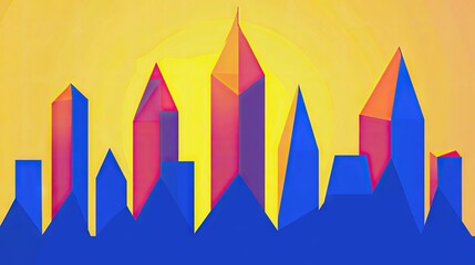 An abstract illustration of a cityscape featuring geometric shapes in vibrant colors against a yellow background.