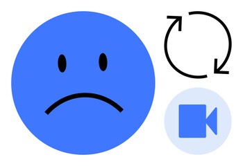 Sad blue face with a frown, video camera icon in blue circle, and black circular arrows suggesting frustration or disappointment with technology, online meetings, or repetitive issues. Ideal