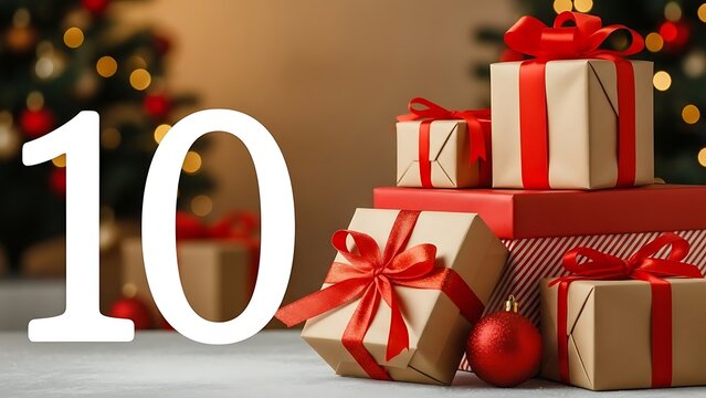 Stack of Christmas gifts with red ribbons and a red ornament displayed next to the number ten, with a Christmas tree in the background. - Powered by Adobe