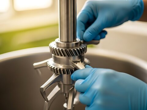 Gloved hands adjusting gears on a stainless steel industrial mixer, close-up of machinery assembly