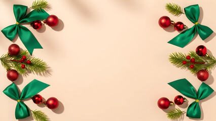 Festive christmas border with green ribbons and red ornaments on beige background