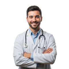 Fototapeta premium Smiling male physician wearing a white lab coat and stethoscope with arms crossed isolated on transparent background