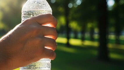 A close-up of a hand holding a clear plastic water bottle in a sunlit park with bright backlighting.