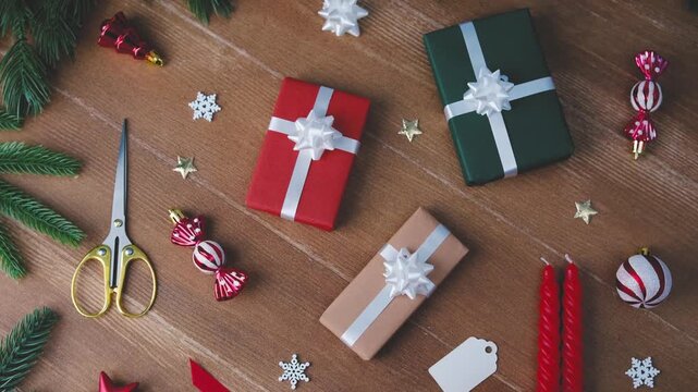 Christmas gift wrapping scene with presents, ornaments, scissors, and pine branches on wooden background