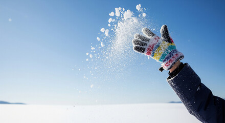 雪遊びではしゃぐ子ども、パウダースノーを投げて撒く喜びと躍動感にあふれる瞬間、コピースペース