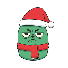 Illustration of a grumpy green character with christmas hat and scarf expressing winter holiday