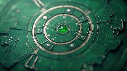 Fototapeta premium Close-up of a futuristic green mechanism with a central gemstone, featuring intricate details and a metallic texture.