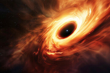 Supermassive black hole with swirling accretion disk in deep space background.