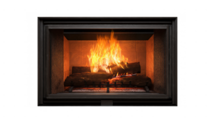 Flames dance above logs in a cozy indoor fireplace, created AI, PNG