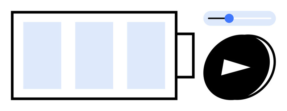 Battery indicating energy, play button suggesting multimedia usage, slider for adjusting brightness. Ideal for energy, media, interface design, utility, applications, electronics simple flat