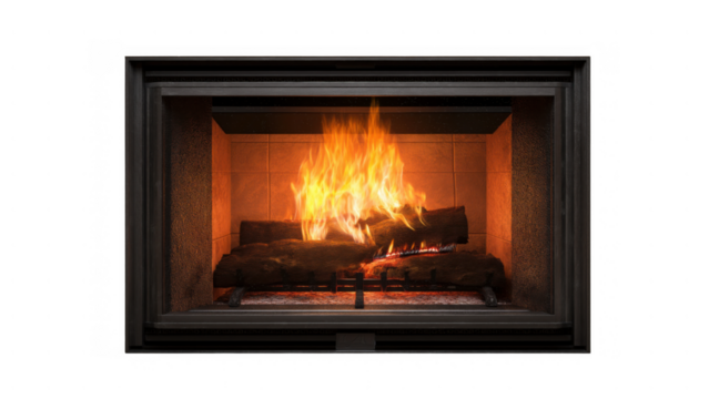 Flames dance above logs in a cozy indoor fireplace, created AI, PNG