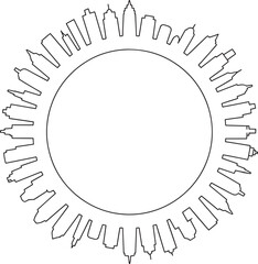 Outline cityscape around circle world skyline panorama vector line illustration