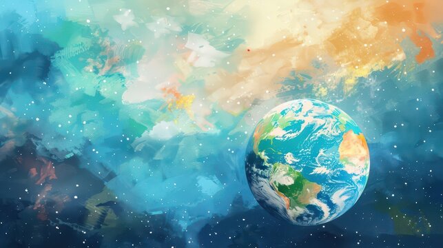 Tranquil earth in cosmos for world meditation day awareness and relaxation. International Day of Yoga. Horizontal banner. Copy space. Watercolor illustration