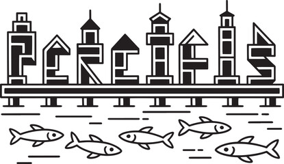 Skyscrapers arranged to spell out perfects with fish swimming underneath vector