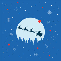 Silhouette of Santa Claus and his reindeer sleigh against the moonon blue background