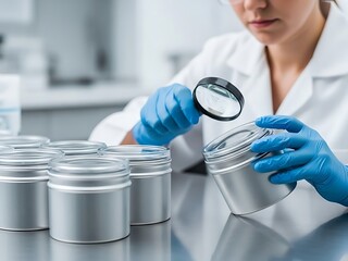 Lab professional inspecting product packaging with magnifying glass for quality control