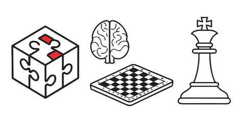 Puzzle Cube Brain Chess King and Board Icons on White Keywords: puzzle cube, brain, chess king, chess