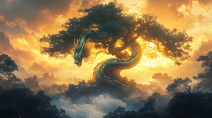 Majestic dragon surrounded by ancient trees fantasy landscape ethereal atmosphere high angle view