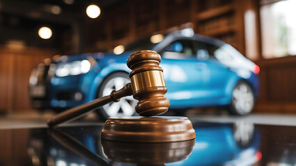 Car auction concept with blue auto and gavel for legal or business use