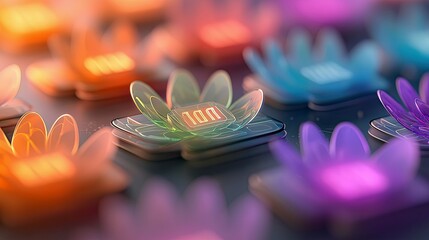 Close-up of colorful glowing flowers with the number 100 in the center, set against a dark background. The image has a futuristic and abstract feel.