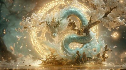 Fototapeta premium Mystical dragon emerges from cherry blossom grove fantasy art ethereal environment enchanting viewpoint