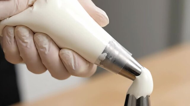 Pastry chef uses piping bag to decorate cake. Cream application.