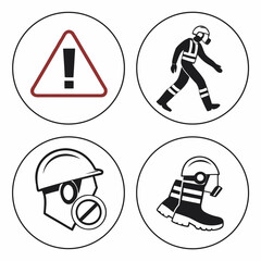Four Circular Icons Depicting Safety And Personal Protective Equipment Keywords: safety, warning