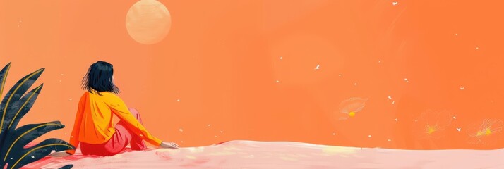 Peaceful reflection in nature for world introvert day awareness and inspiration. Horizontal banner. Copy space. Flat illustartion. World Autism Awareness Day. Mental health concept