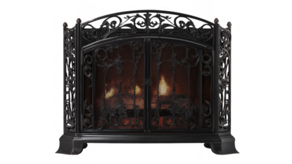 Black decorative fireplace screen shows glowing flames, AI, PNG