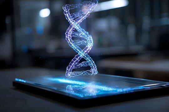 A glowing holographic DNA double helix floats above a digital tablet in a dimly lit high-tech lab. - Powered by Adobe